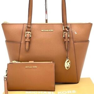 Michael Kors Large Charlotte Tote Bag & Double Zip Wallet Brown (NWT)